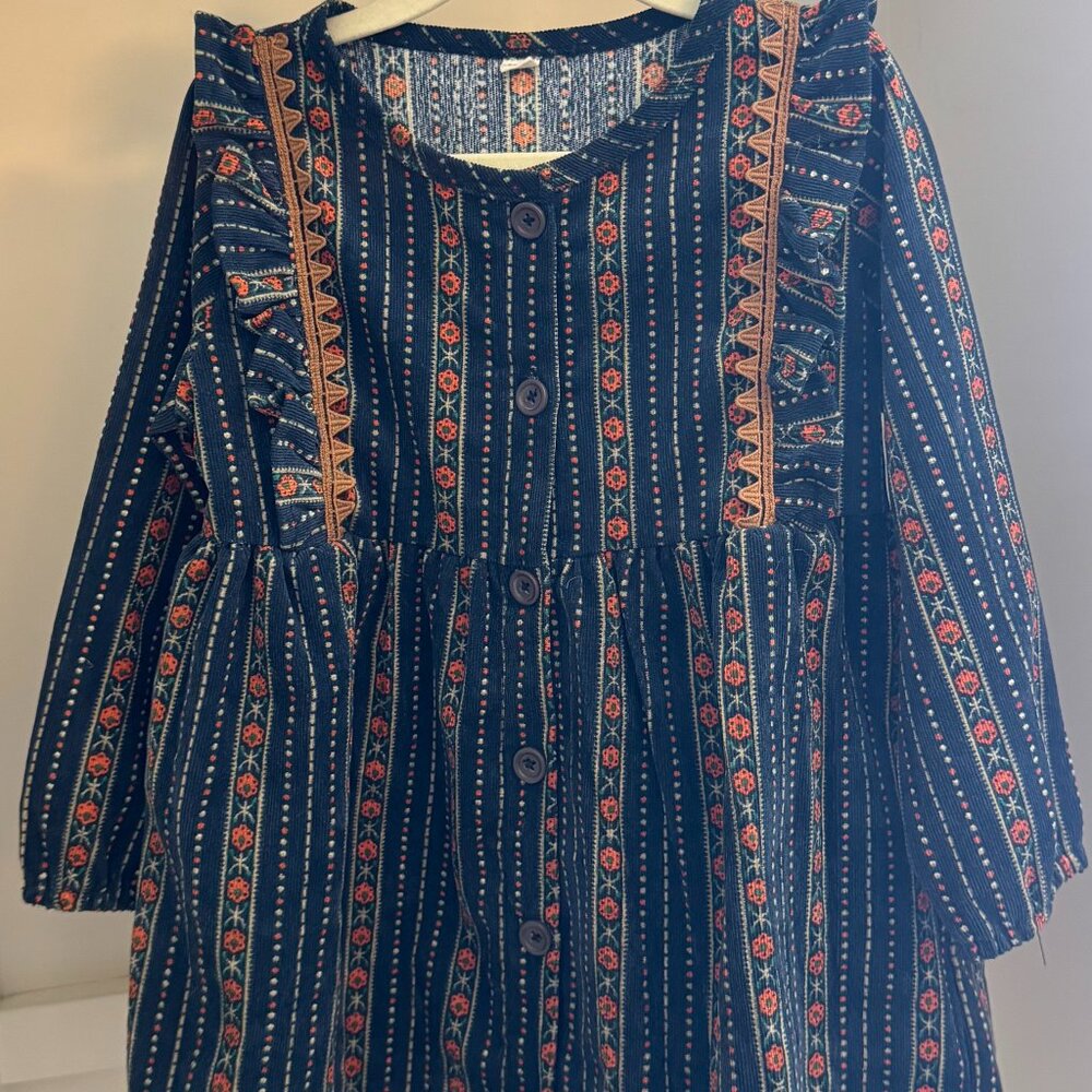 Nishimatsuya Navy Blue Corduroy Floral Striped Dress, girls size 100 (4t)